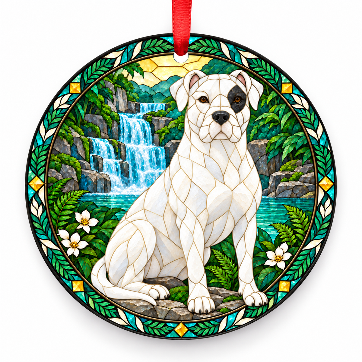 Dogo Argentino White with Black Eye Patch porcelain Christmas ornament with red ribbon — ORN-10563