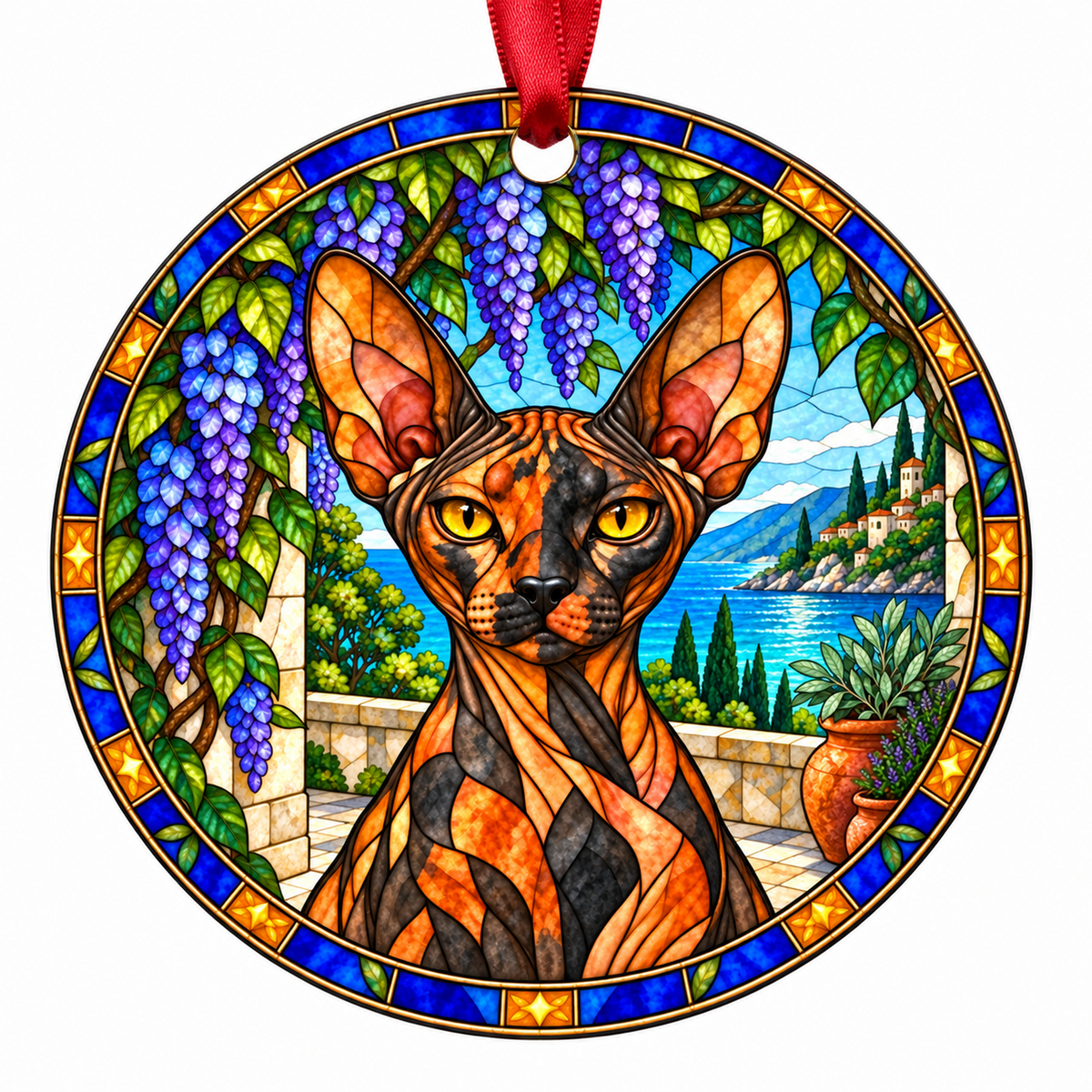 Donskoy Tortoiseshell porcelain Christmas ornament with red ribbon — ORN-10582