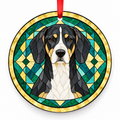 Dunker (Norwegian Hound) Diluted Black Tan White porcelain Christmas ornament with red ribbon — ORN-10589