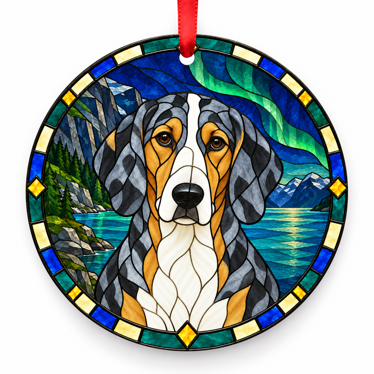 Dunker (Norwegian Hound) Black, Tan and White porcelain Christmas ornament with red ribbon — ORN-10590