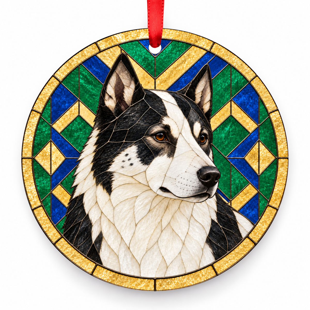 East Siberian Laika Black and White Patched stained glass style Christmas ornament with red ribbon — ORN-10610
