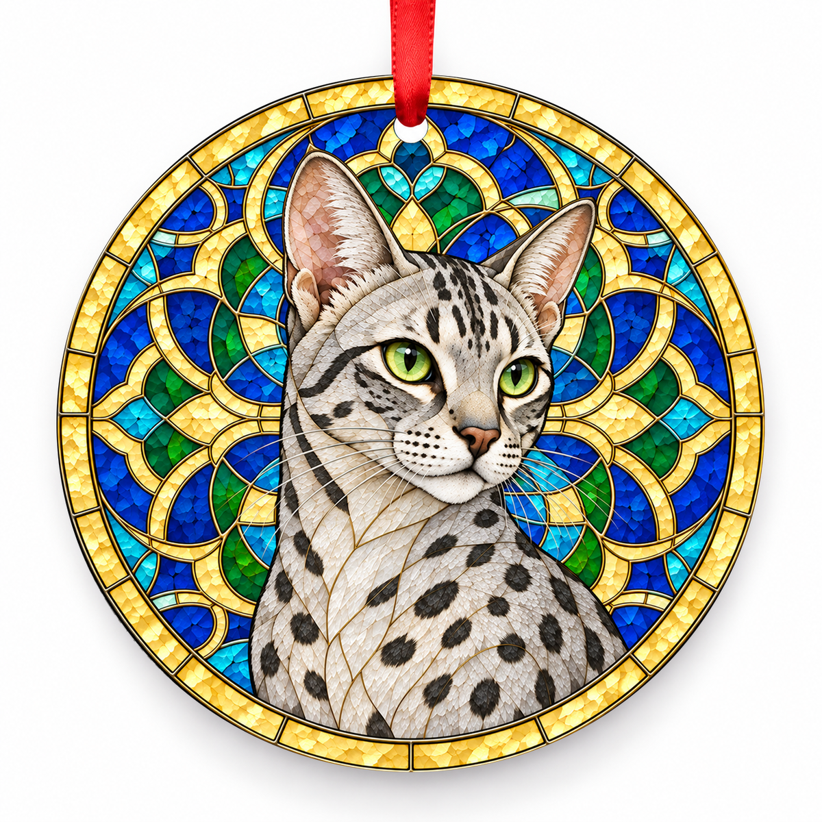 Egyptian Mau Silver stained glass style Christmas ornament with red ribbon — ORN-10618