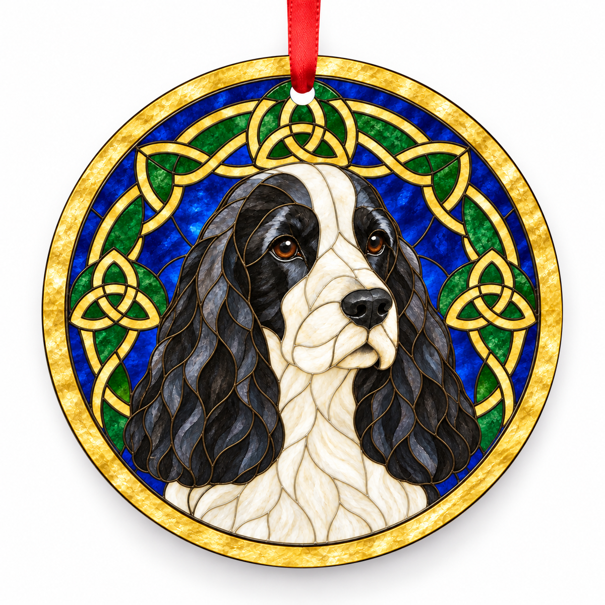 English Cocker Spaniel Black and White stained glass style Christmas ornament with red ribbon — ORN-10620