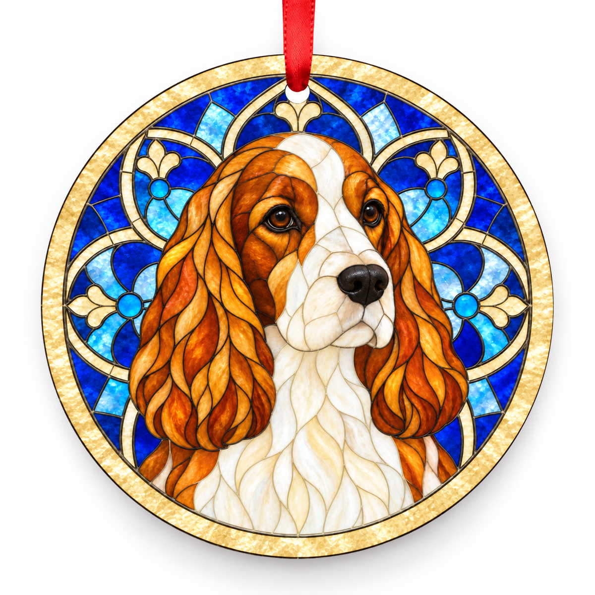 English Cocker Spaniel Orange and White stained glass style Christmas ornament with red ribbon — ORN-10628