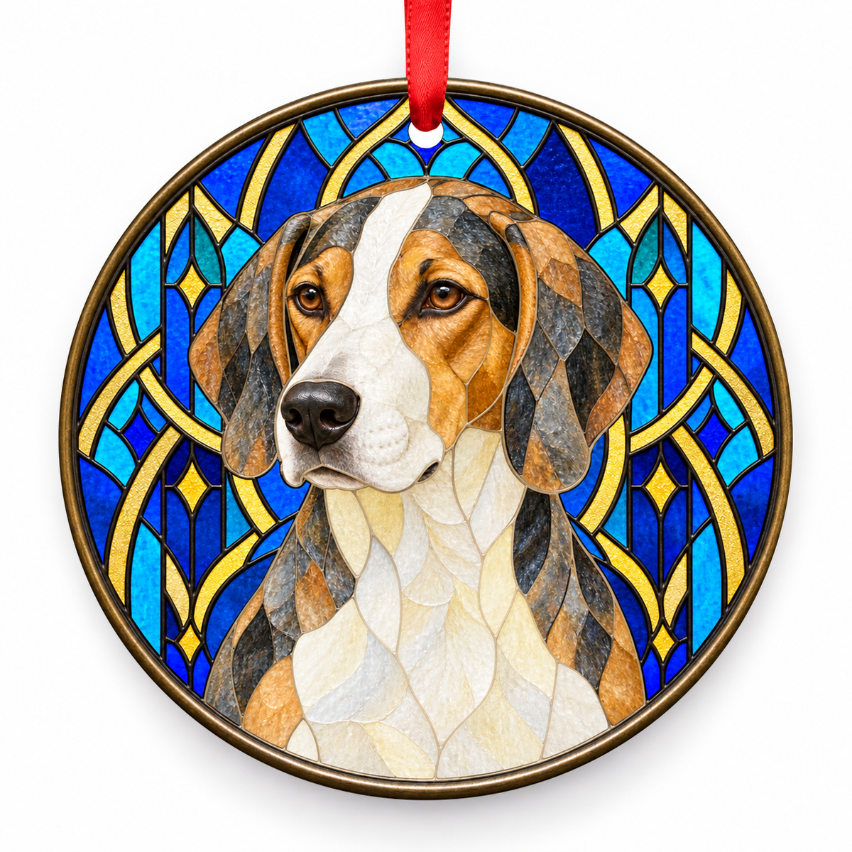 English Foxhound Badger Pied stained glass style Christmas ornament with red ribbon — ORN-10634