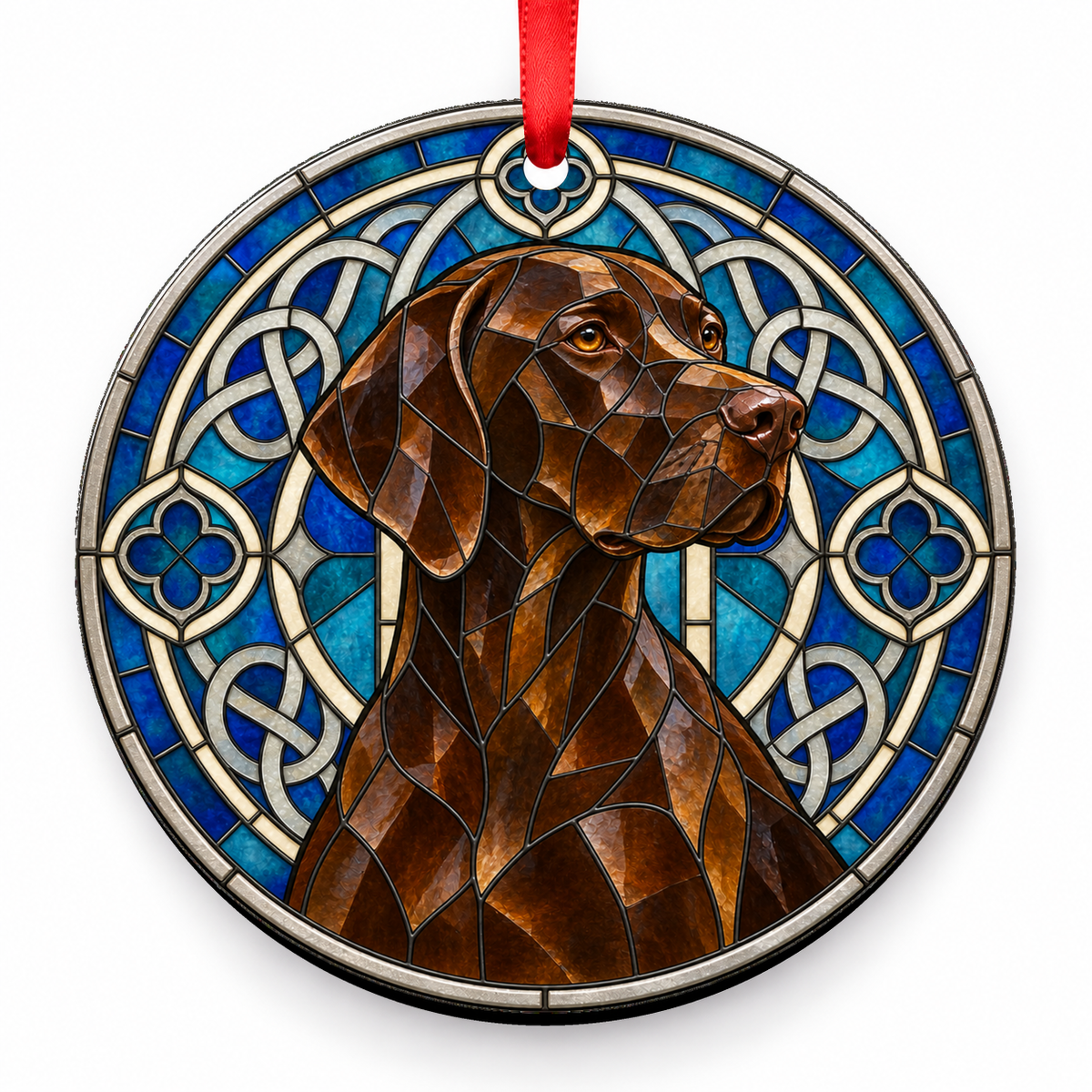 Liver English Pointer stained glass style porcelain Christmas ornament with red ribbon