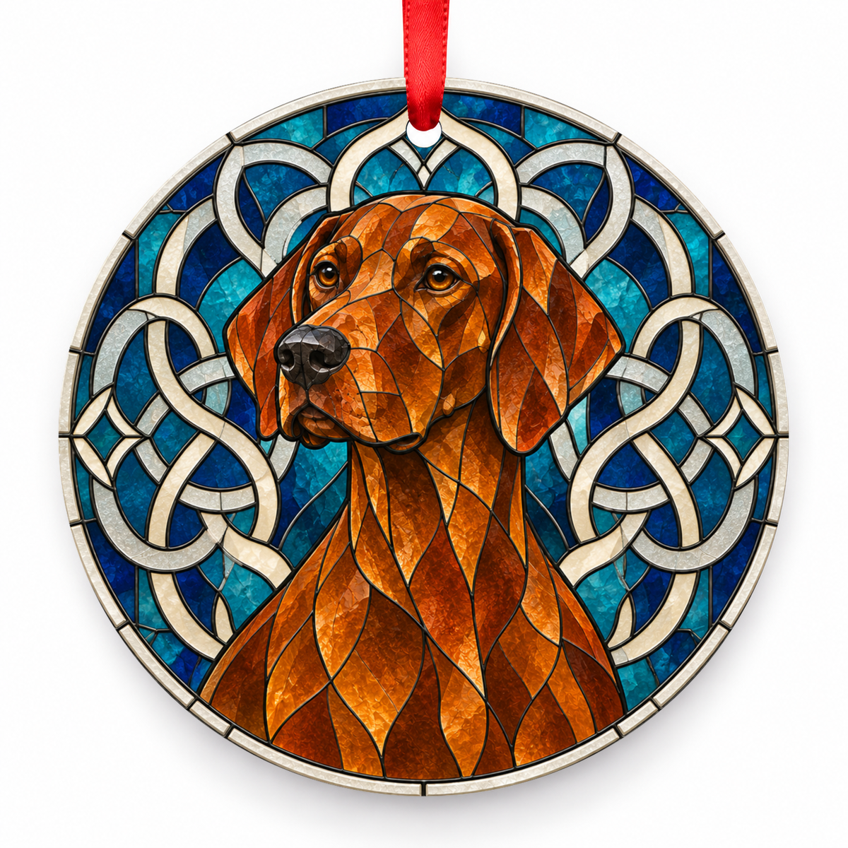 Orange English Pointer stained glass style porcelain Christmas ornament with red ribbon
