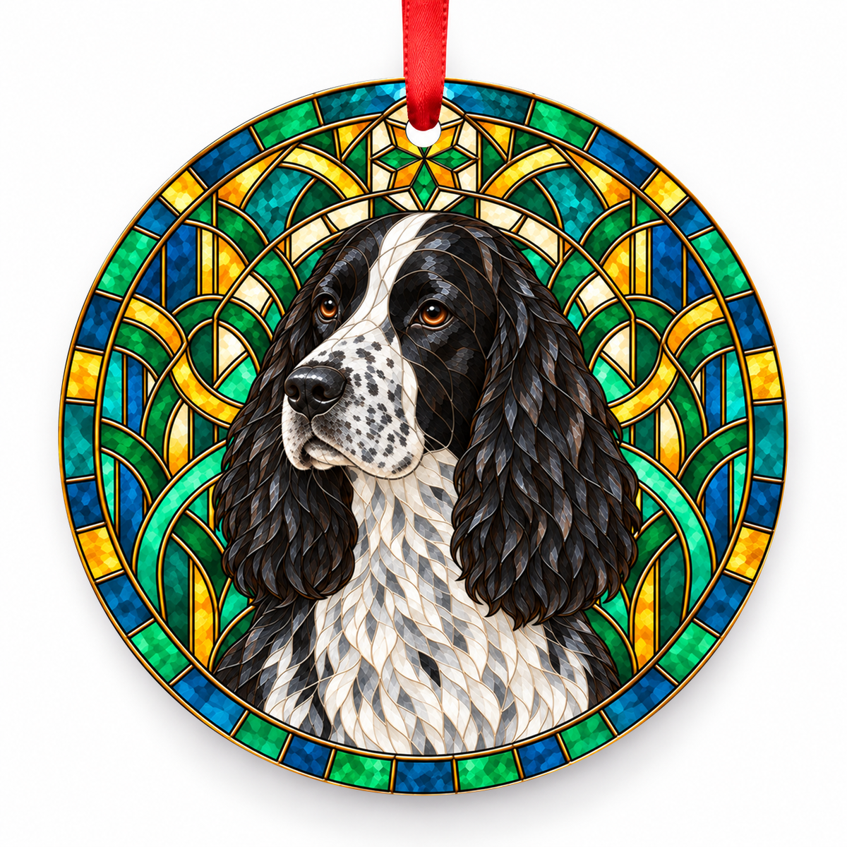 Blue Roan English Springer Spaniel stained glass style porcelain Christmas ornament with red ribbon
