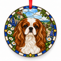Blenheim English Toy Spaniel stained glass style porcelain Christmas ornament with red ribbon