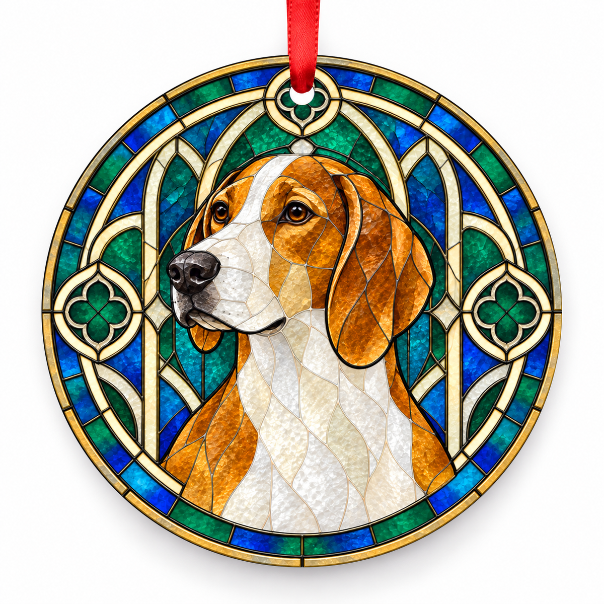 Golden Tan White Estonian Hound stained glass style porcelain Christmas ornament with red ribbon