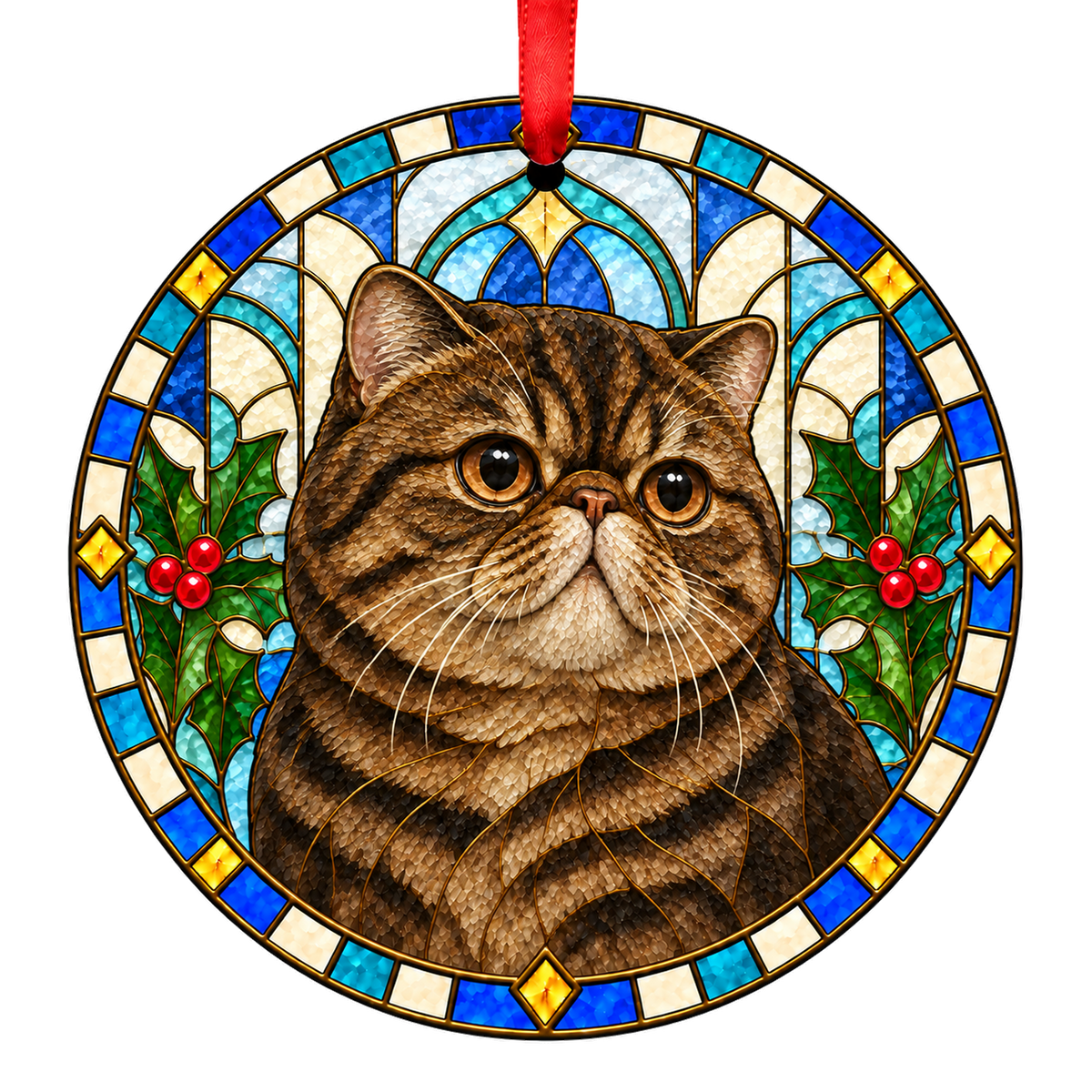 Exotic Brown Tabby stained glass style Christmas ornament