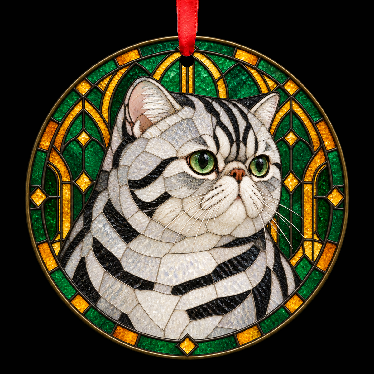 Exotic Silver Tabby stained glass style Christmas ornament