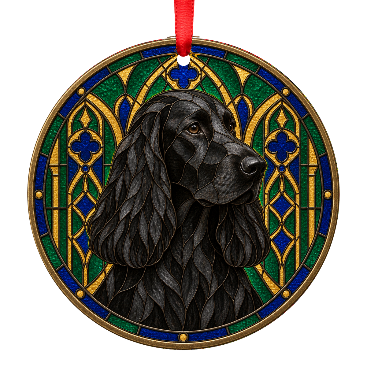 Field Spaniel Black stained glass style Christmas ornament