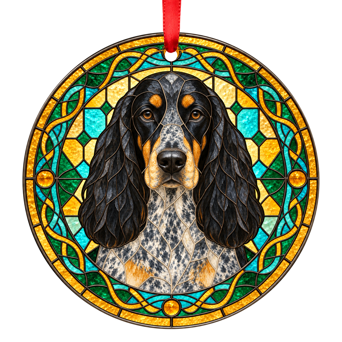 Field Spaniel Blue Roan and Tan stained glass style Christmas ornament