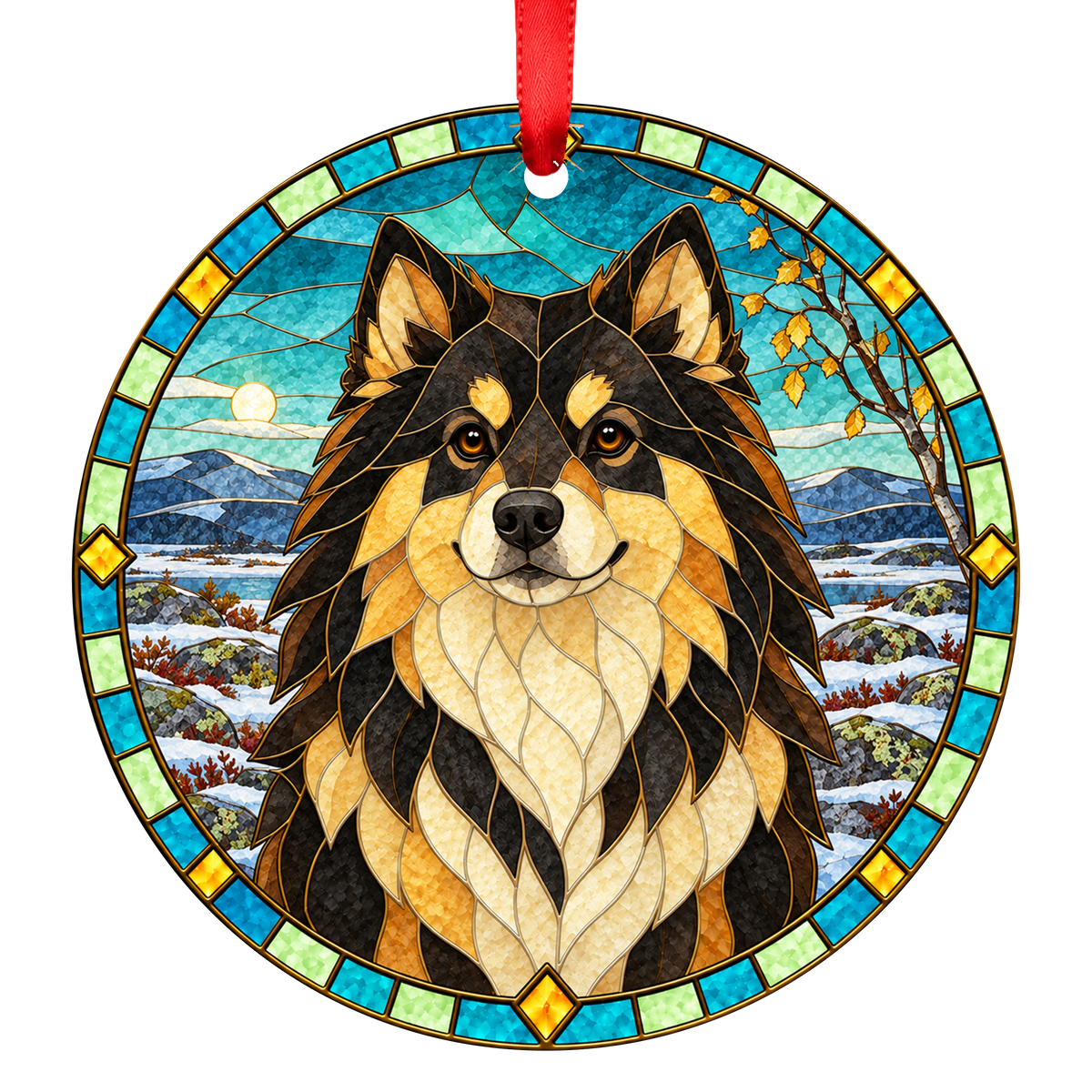 Finnish Lapphund Black and Tan stained glass style Christmas ornament
