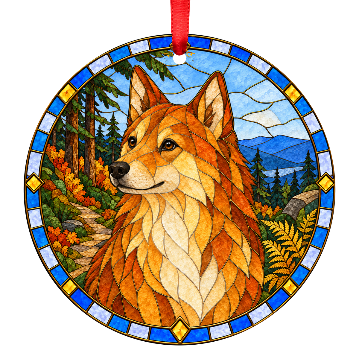 Finnish Spitz Red porcelain Christmas ornament with red ribbon — ORN-10747