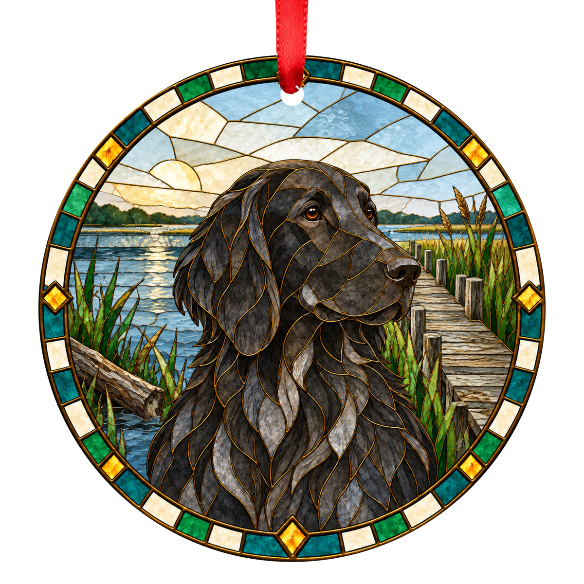 Flat-Coated Retriever Black stained glass style Christmas ornament