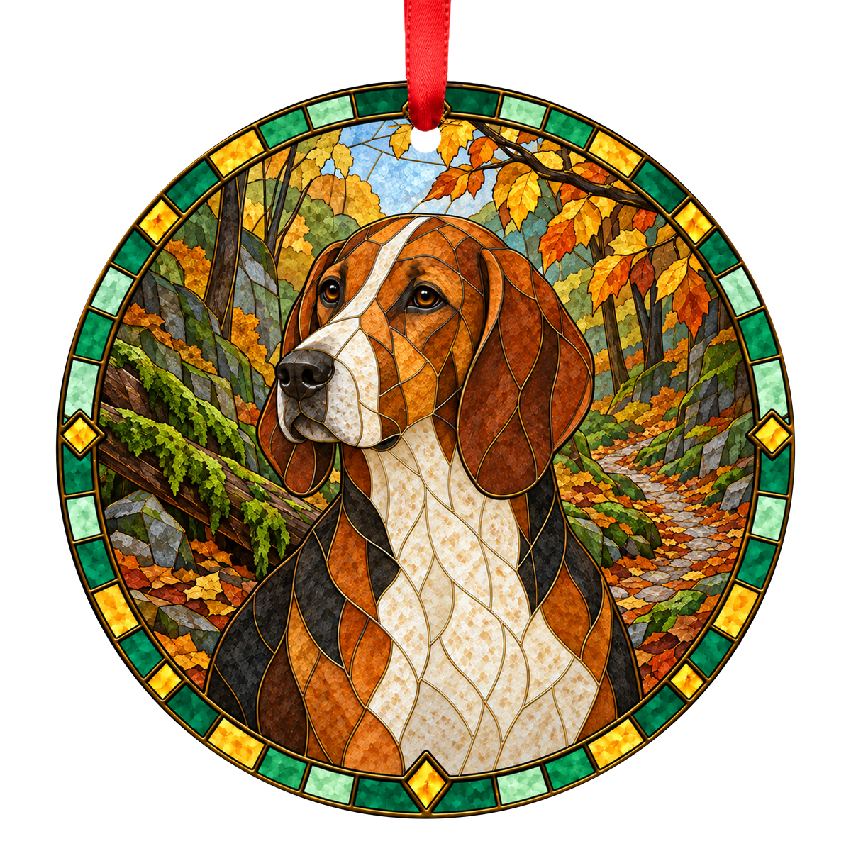 German Hound Tricolor porcelain Christmas ornament with red ribbon — ORN-10774