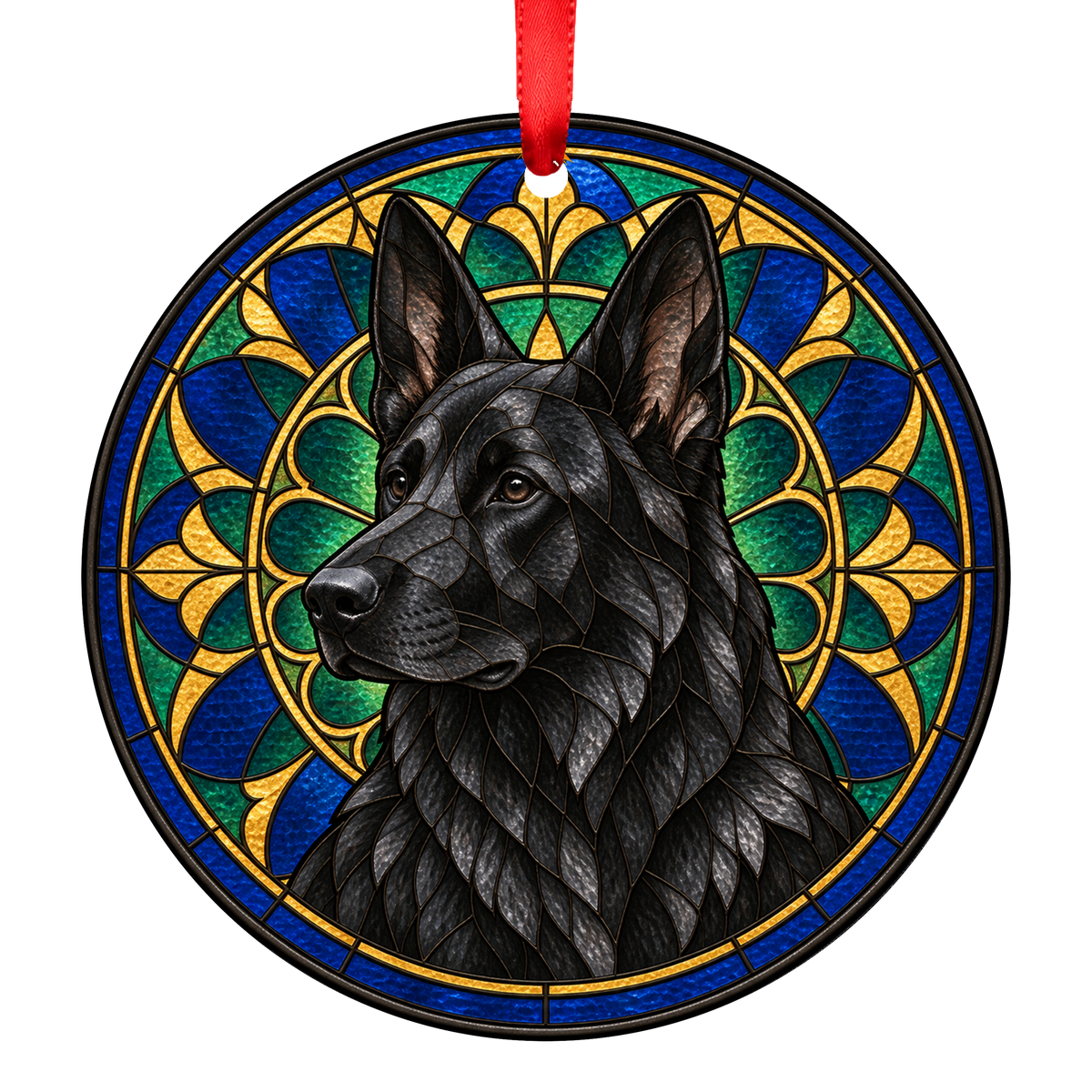German Shepherd Dog Black stained glass style Christmas ornament