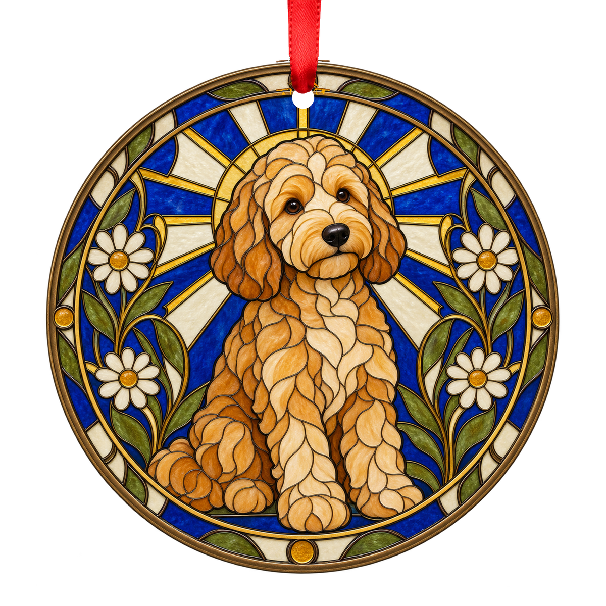 Goldendoodle Apricot stained glass style Christmas ornament