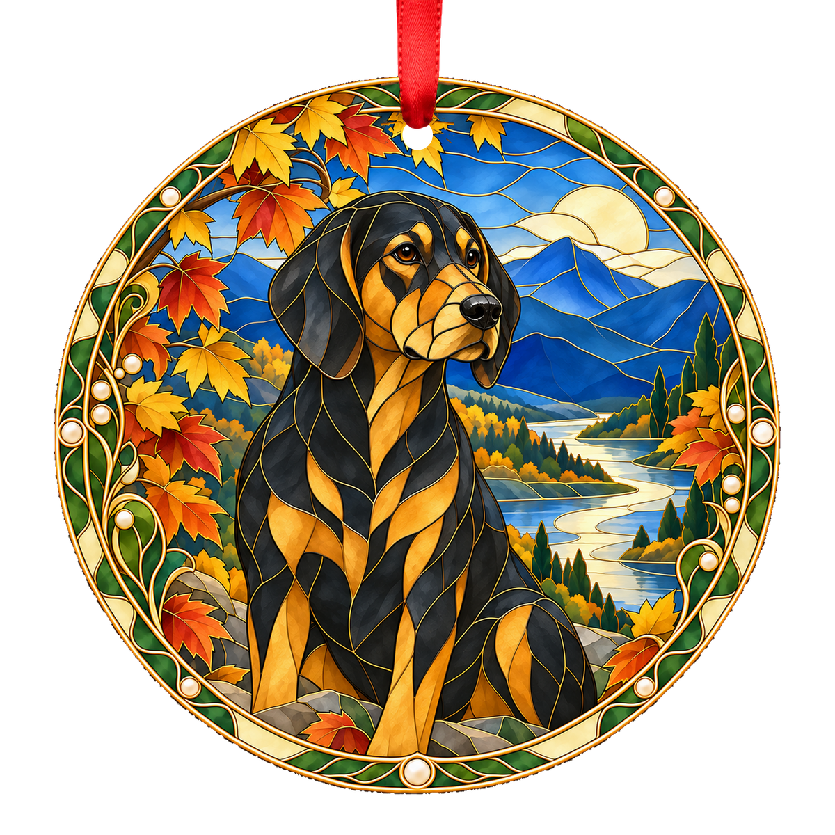 Hygen Hound Black and Tan porcelain Christmas ornament with red ribbon — ORN-11005