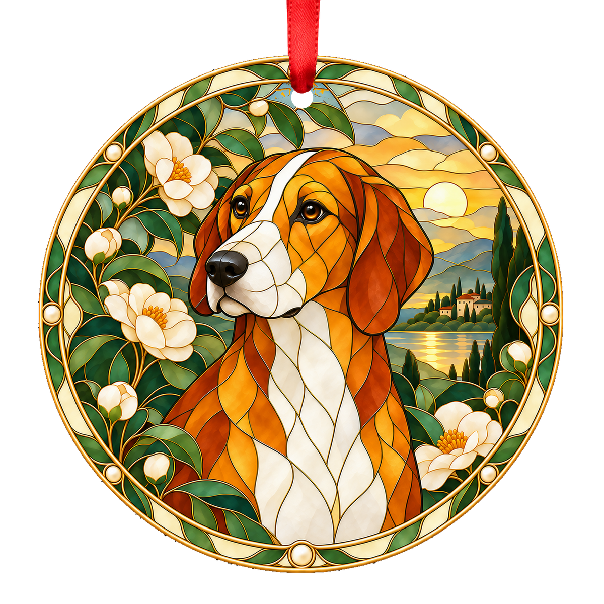 Hygen Hound Yellow Red and White porcelain Christmas ornament with red ribbon — ORN-11011