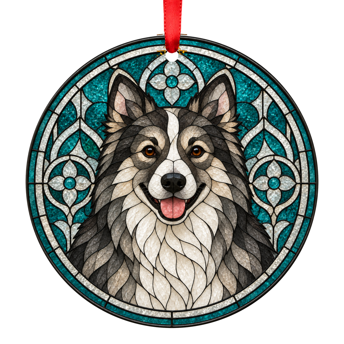 Icelandic Sheepdog Grey and White stained glass style Christmas ornament mockup