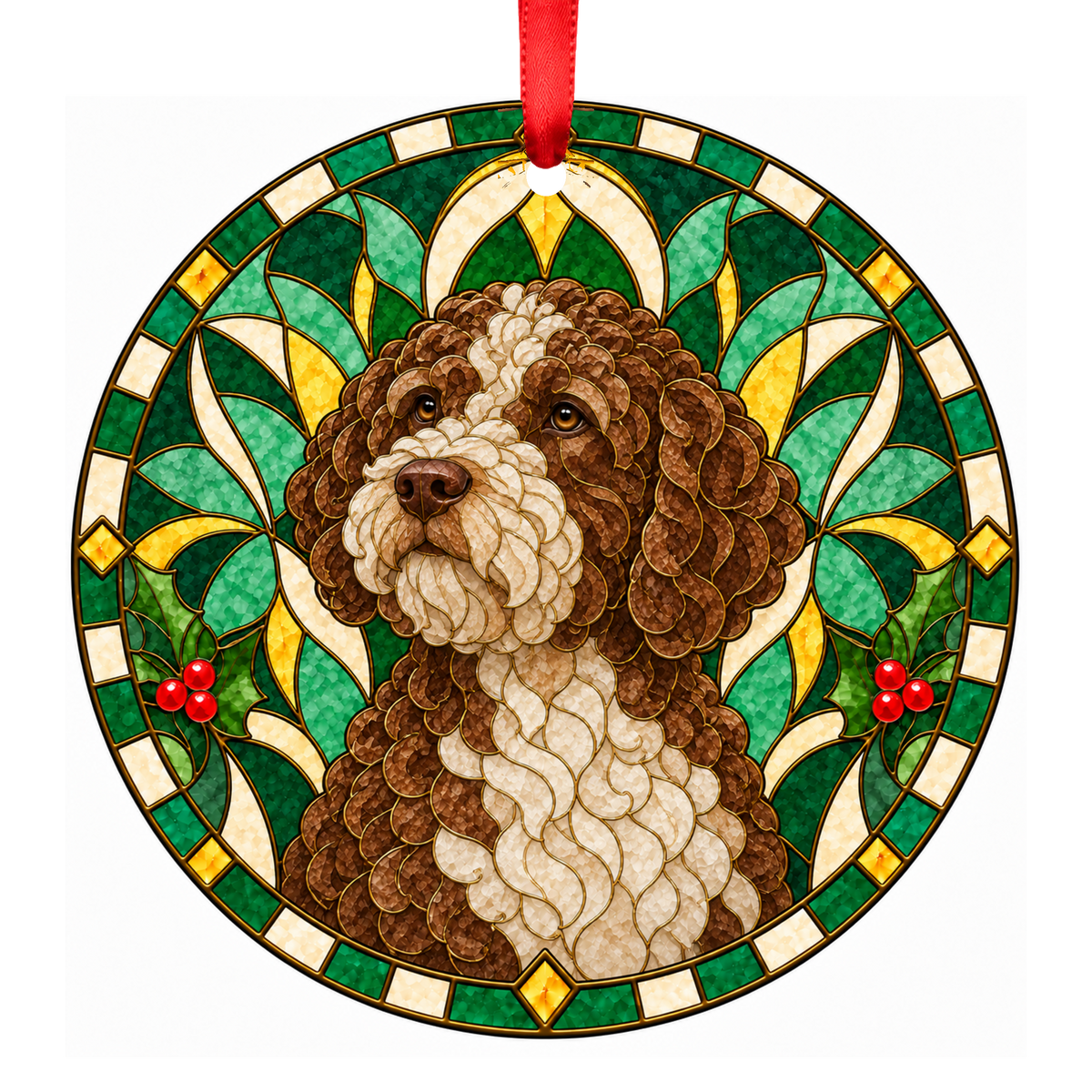 Lagotto Romagnolo Brown and White stained glass pet Christmas ornament