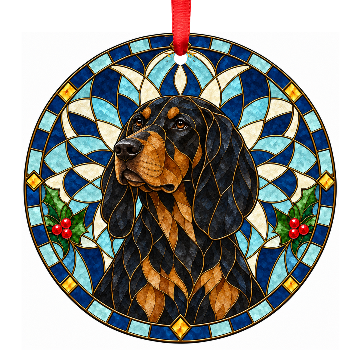 Montenegrin Mountain Hound Black and Tan stained glass pet Christmas ornament