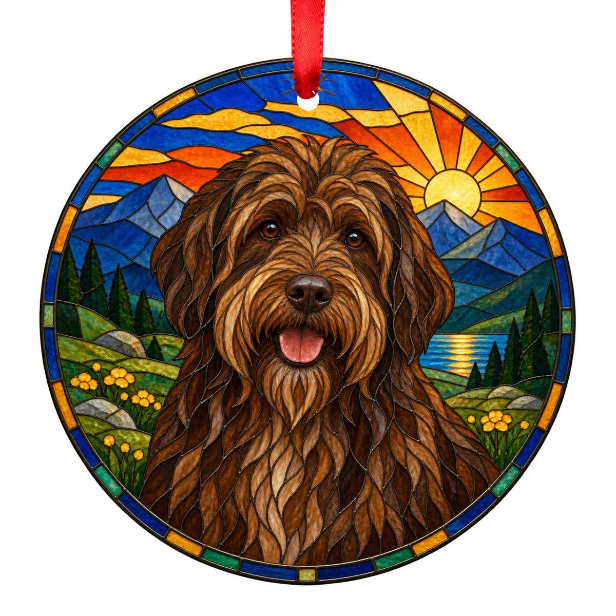 Portuguese Sheepdog Brown porcelain Christmas ornament with red ribbon — ORN-11171