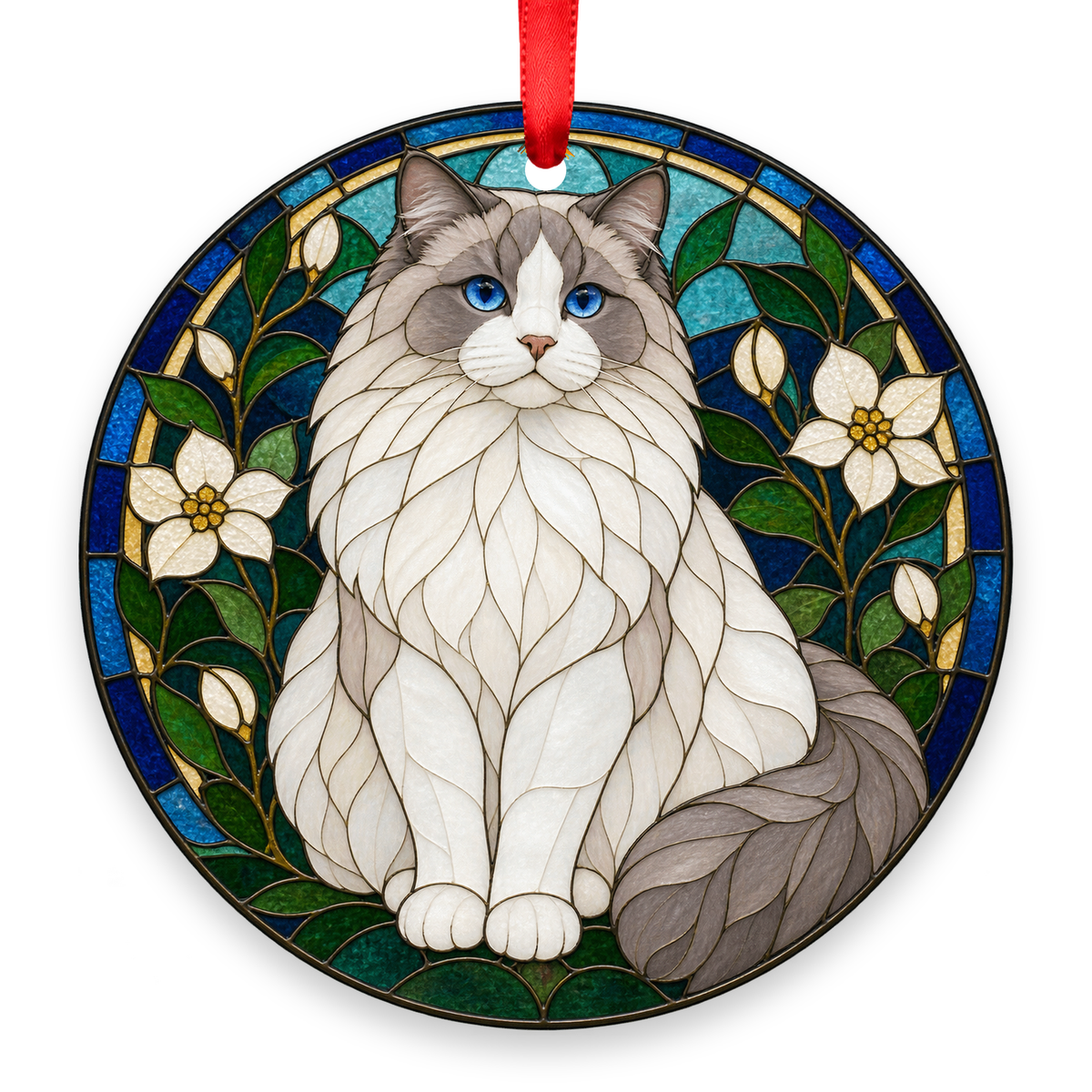 Ragdoll Lilac Bicolor stained glass style Christmas ornament with red ribbon