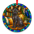 Sphynx Black stained glass style porcelain Christmas ornament with red ribbon