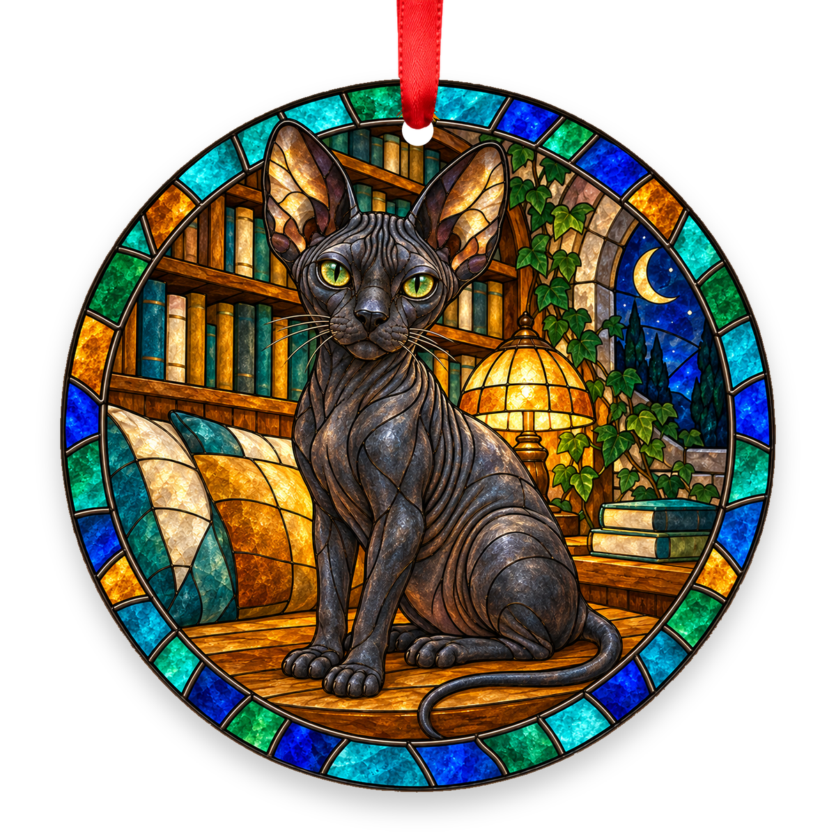 Sphynx Black stained glass style porcelain Christmas ornament with red ribbon