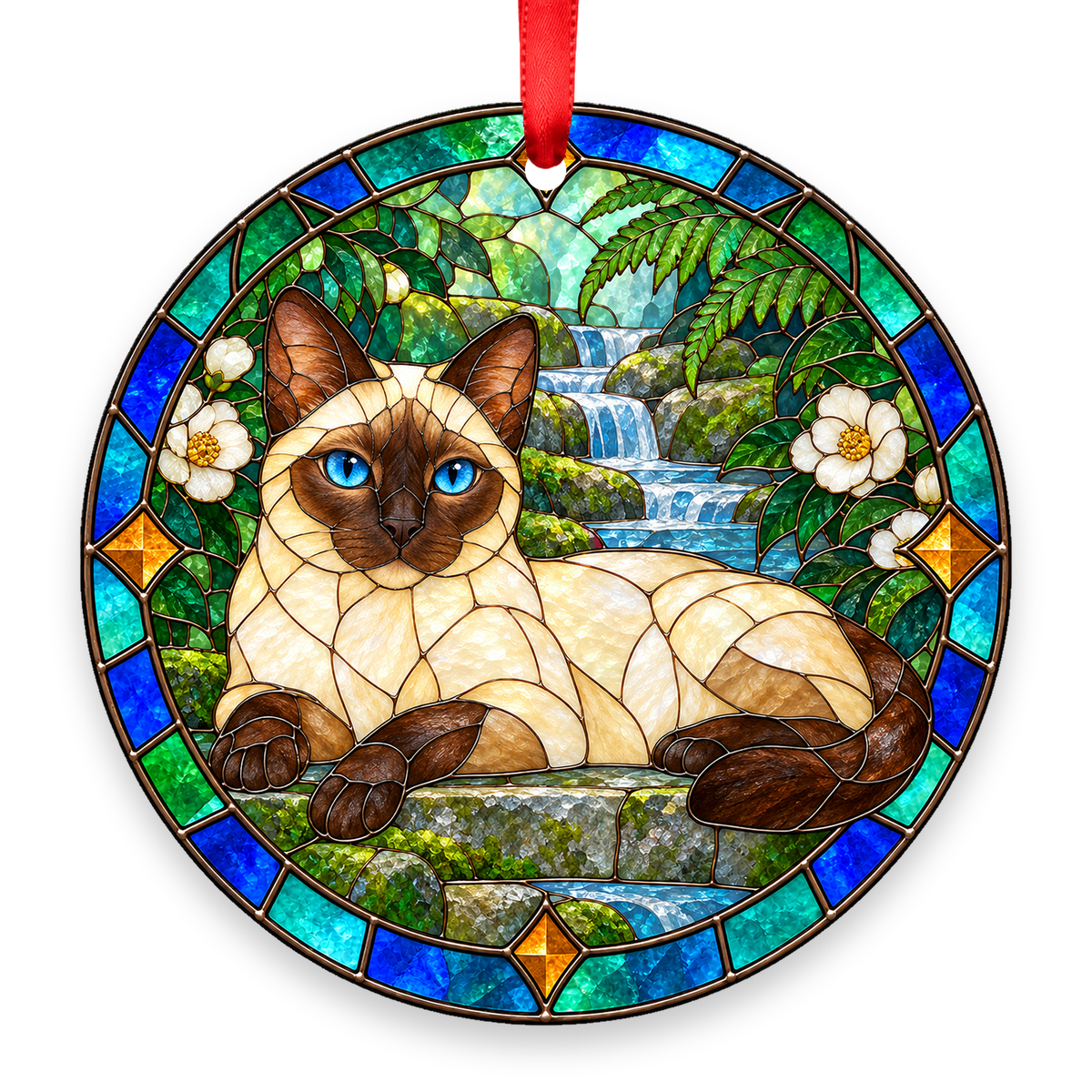 Thai Chocolate Point stained glass style porcelain Christmas ornament with red ribbon