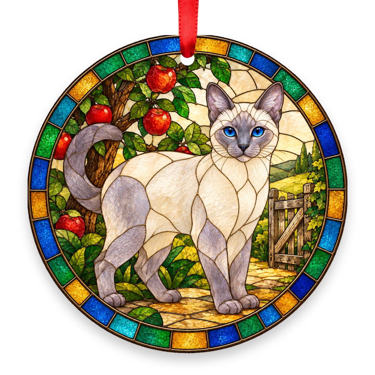 Thai Lilac Point stained glass style porcelain Christmas ornament with red ribbon