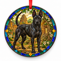 Black Thai Ridgeback Dog stained glass style porcelain Christmas ornament with red ribbon