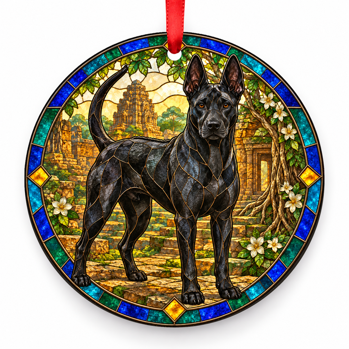Black Thai Ridgeback Dog stained glass style porcelain Christmas ornament with red ribbon