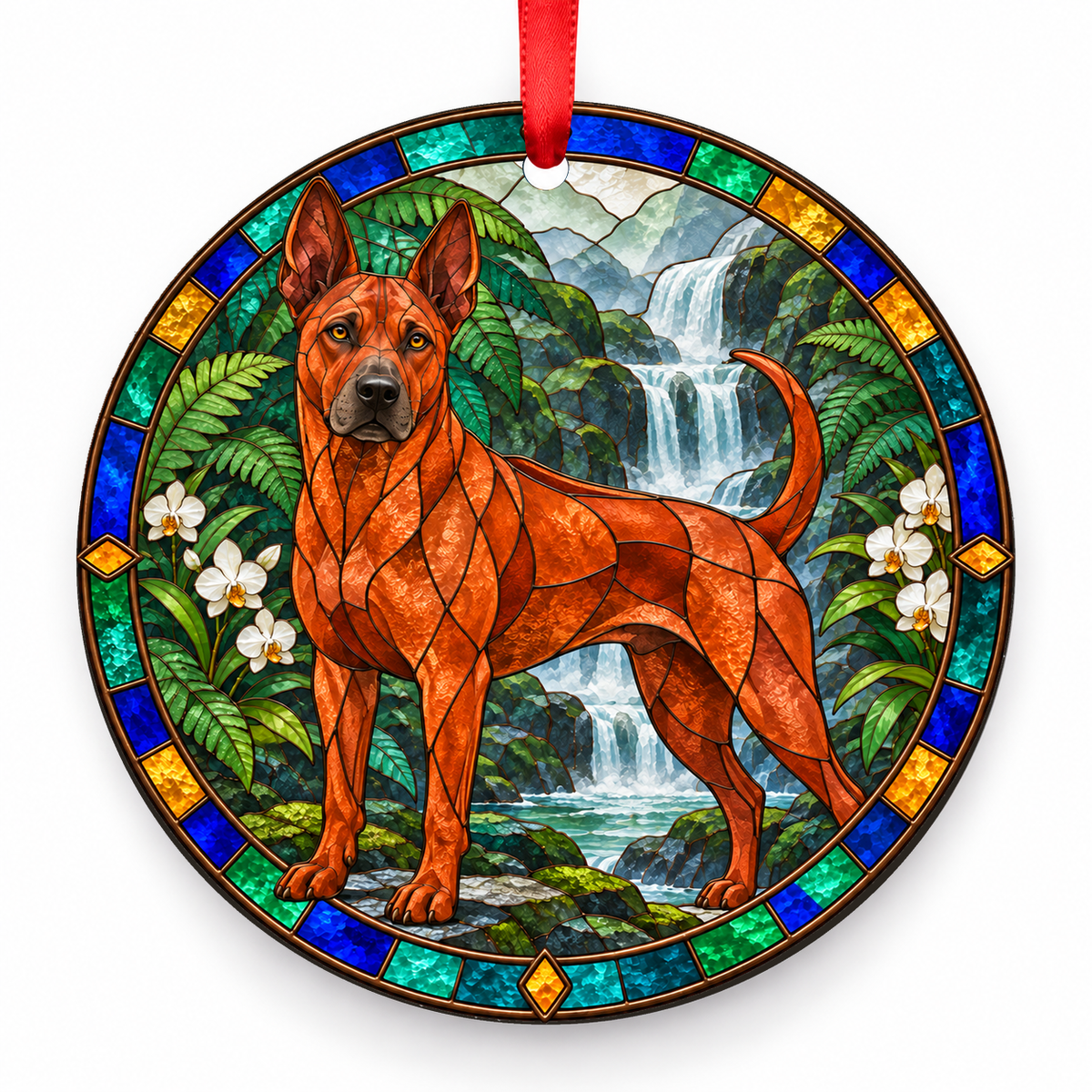 Red Thai Ridgeback Dog stained glass style porcelain Christmas ornament with red ribbon