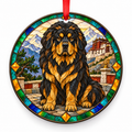 Black and Tan Tibetan Mastiff stained glass style porcelain Christmas ornament with red ribbon