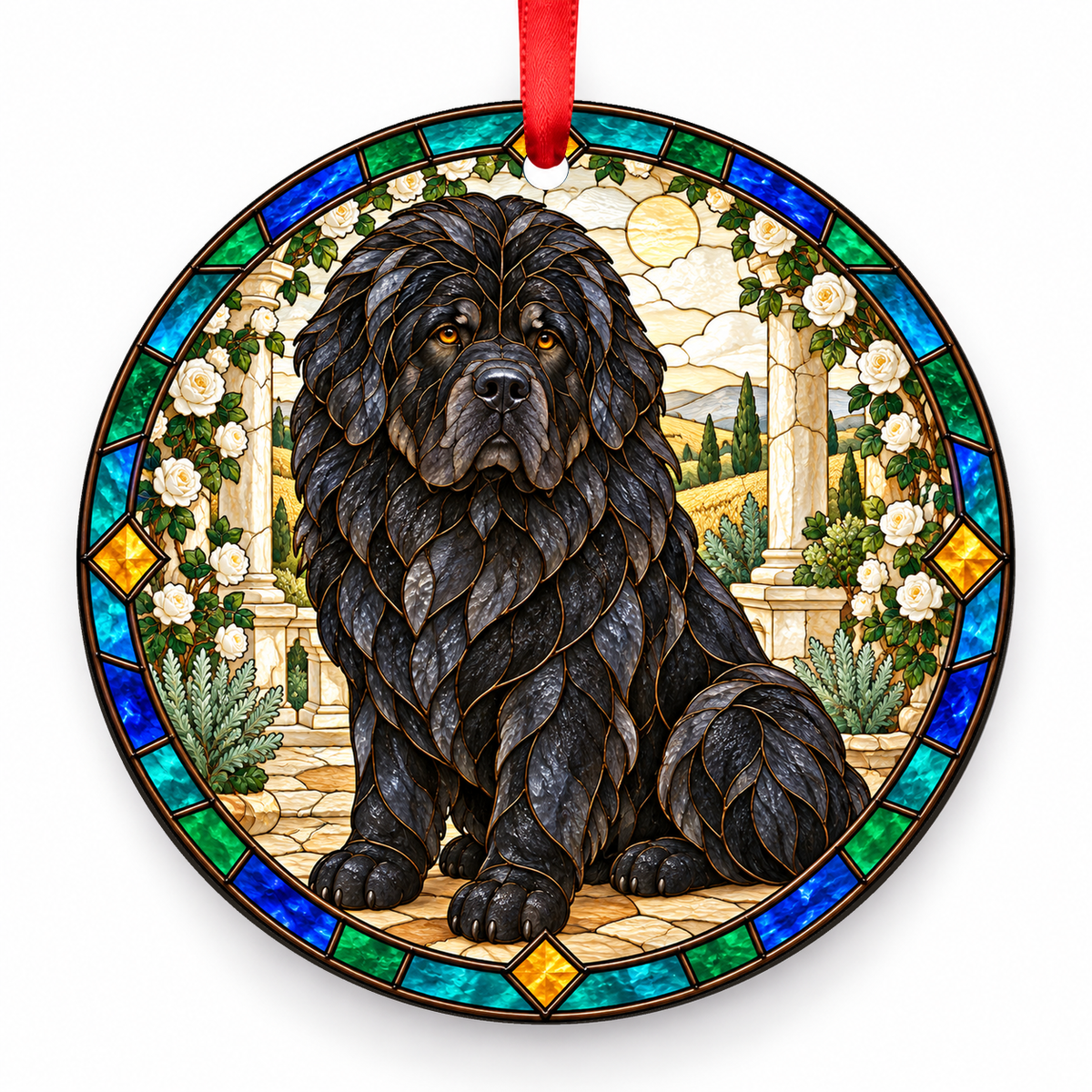 Solid Black Tibetan Mastiff stained glass style porcelain Christmas ornament with red ribbon