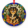 Black and Tan Tibetan Spaniel stained glass style porcelain Christmas ornament with red ribbon
