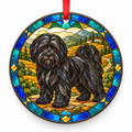 Black Tibetan Terrier stained glass style porcelain Christmas ornament with red ribbon