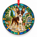 Chocolate Tricolor Toy Fox Terrier stained glass style porcelain Christmas ornament with red ribbon