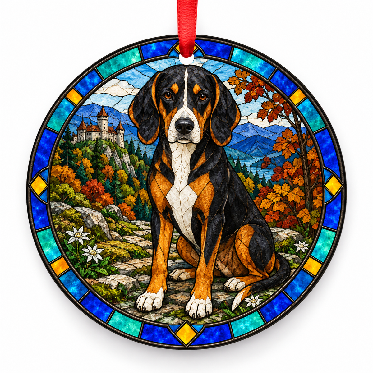 Tricolor Transylvanian Hound stained glass style porcelain Christmas ornament with red ribbon