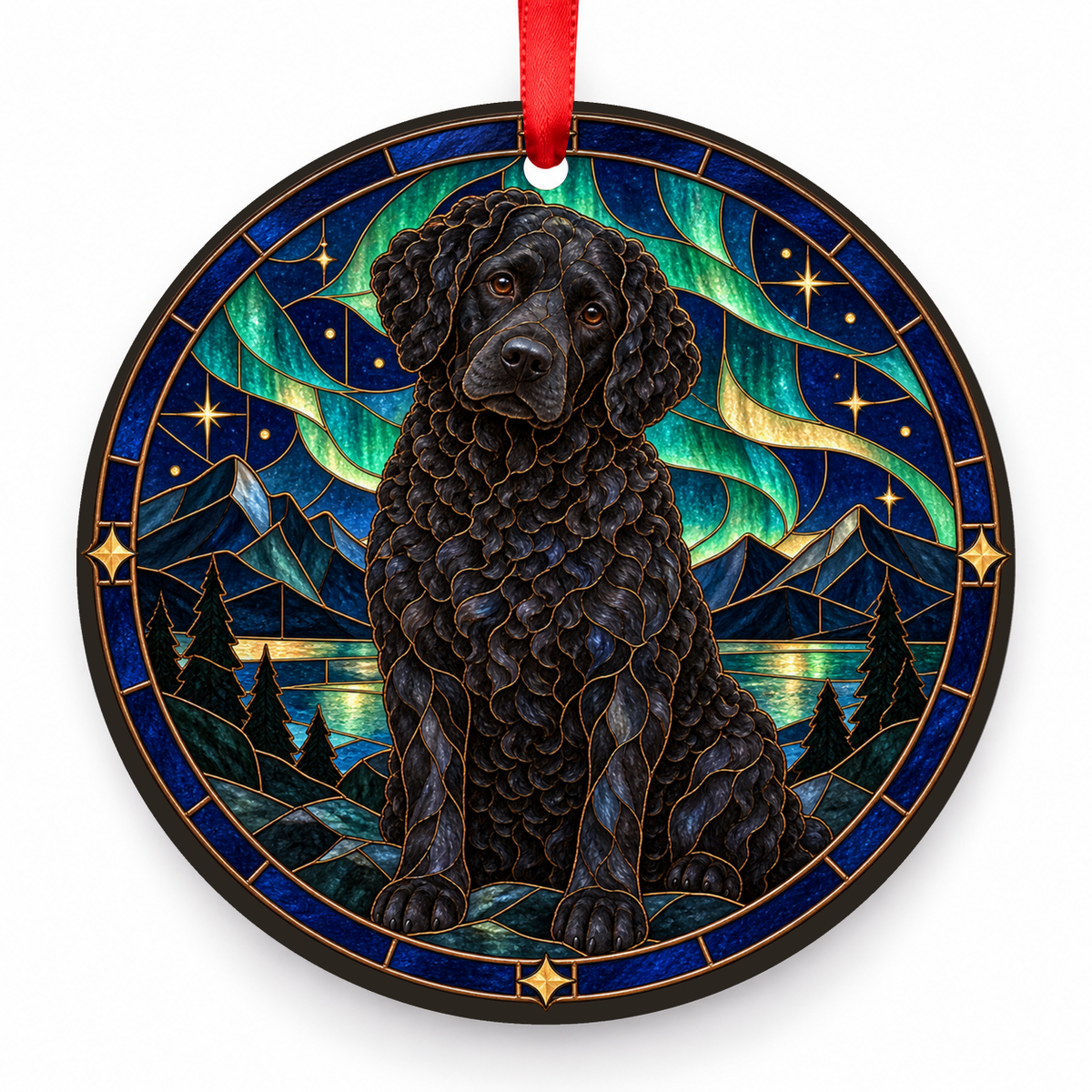 Black Wetterhoun stained glass style porcelain Christmas ornament with red ribbon