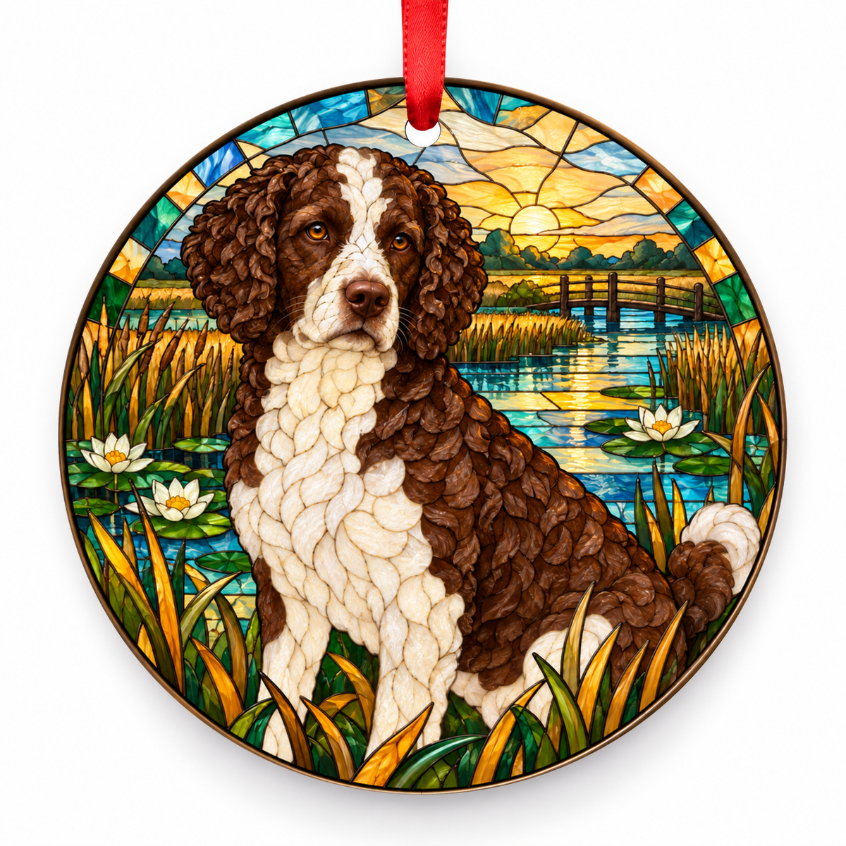 Brown and White Wetterhoun stained glass style porcelain Christmas ornament with red ribbon