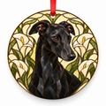 Black Whippet stained glass style porcelain Christmas ornament with red ribbon