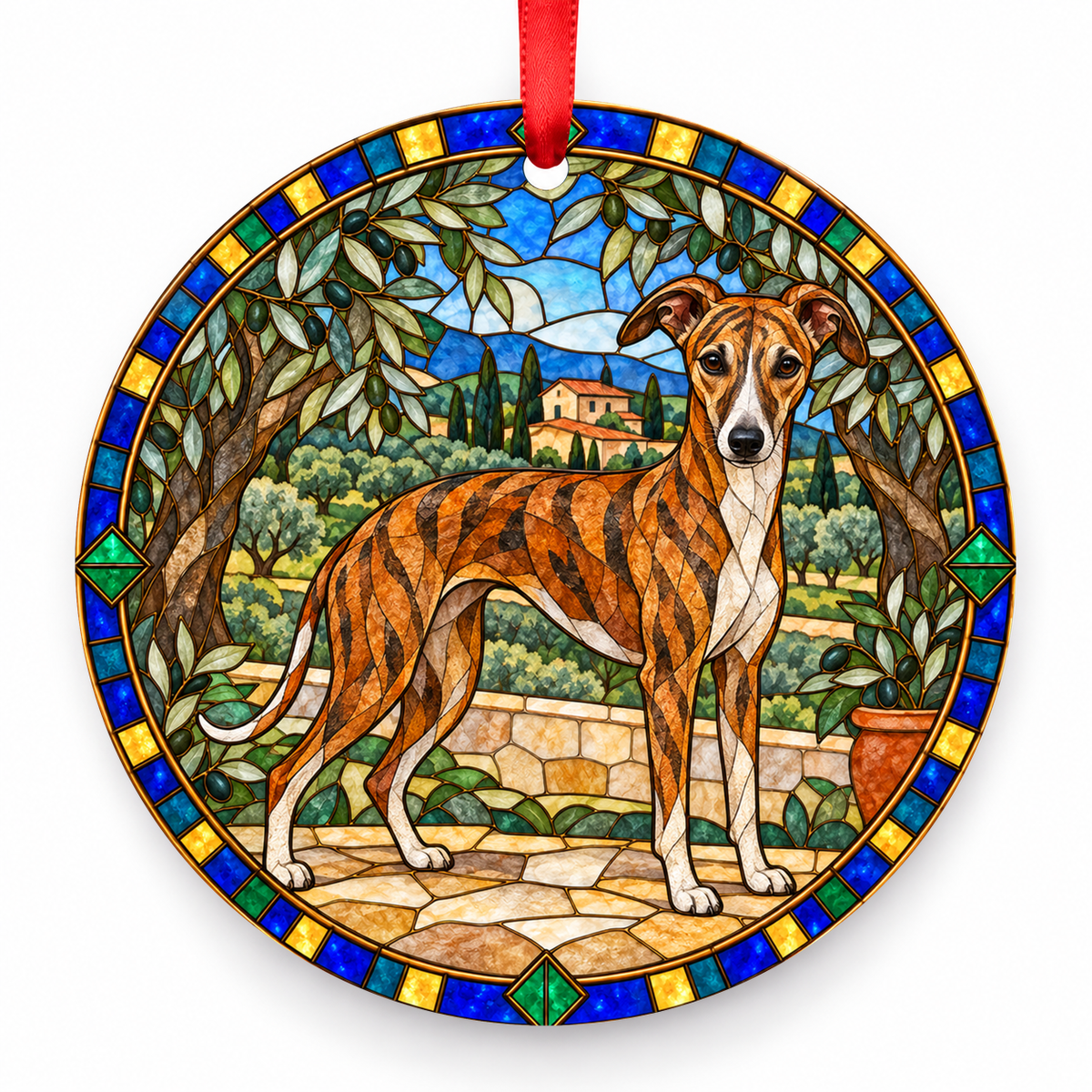Red Brindle Whippet stained glass style porcelain Christmas ornament with red ribbon
