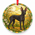 Black Xoloitzcuintli stained glass style porcelain Christmas ornament with red ribbon