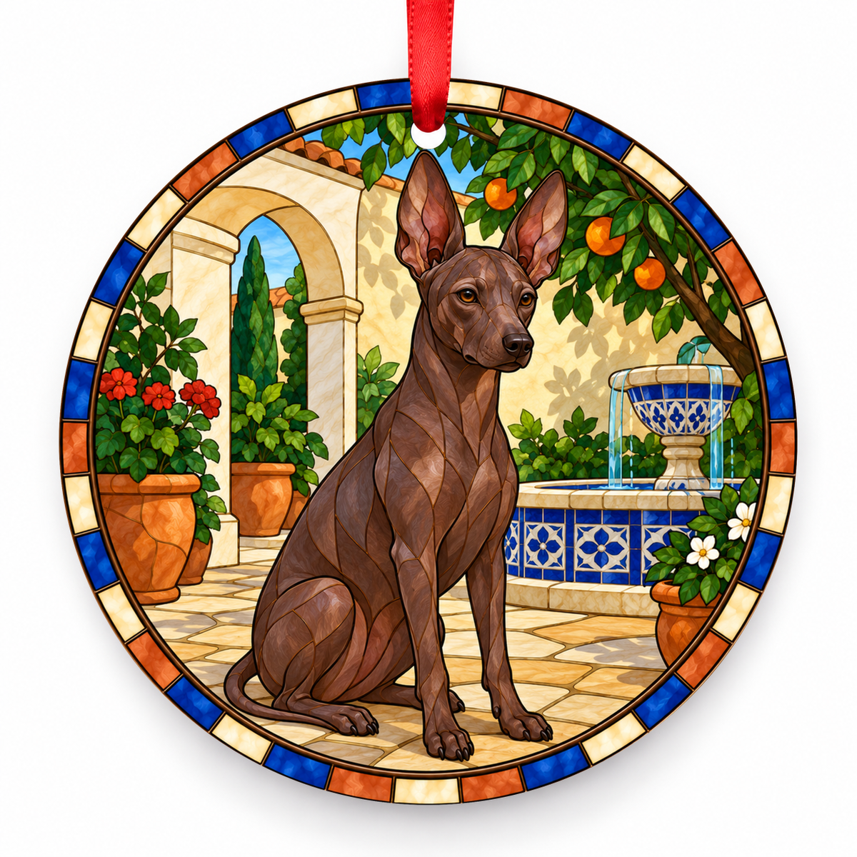 Liver Xoloitzcuintli stained glass style porcelain Christmas ornament with red ribbon